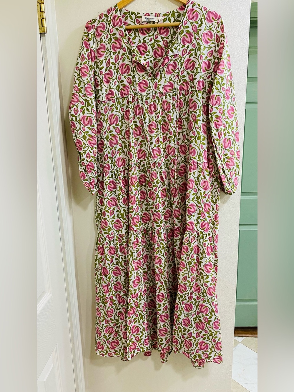 RockFlowerPaper Floral Pink & Green Maxi Dress - Tiered 100% cotton size XL